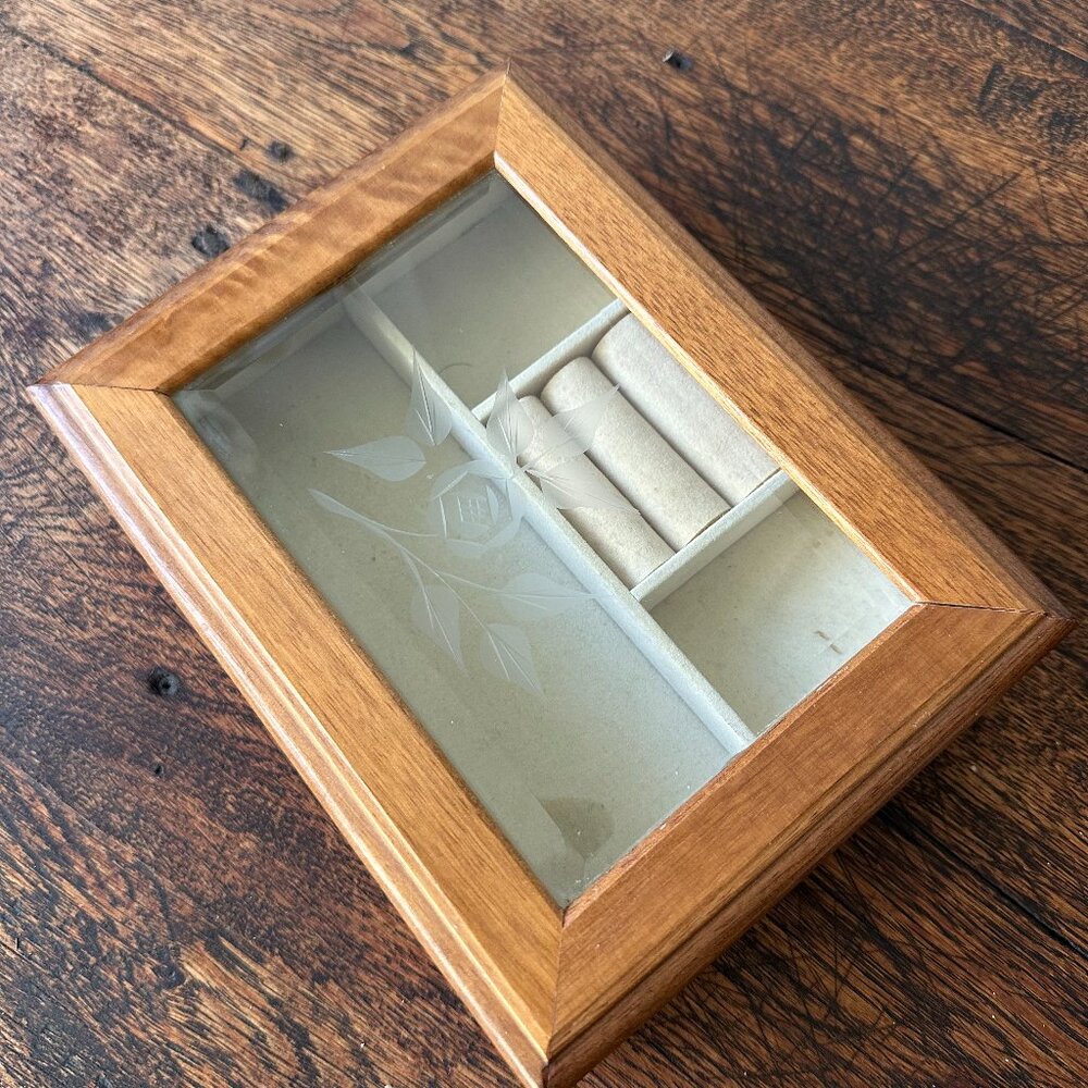 Vintage Wooden Jewelry Box Floral Etched Glass Accessories Box 8 inches long